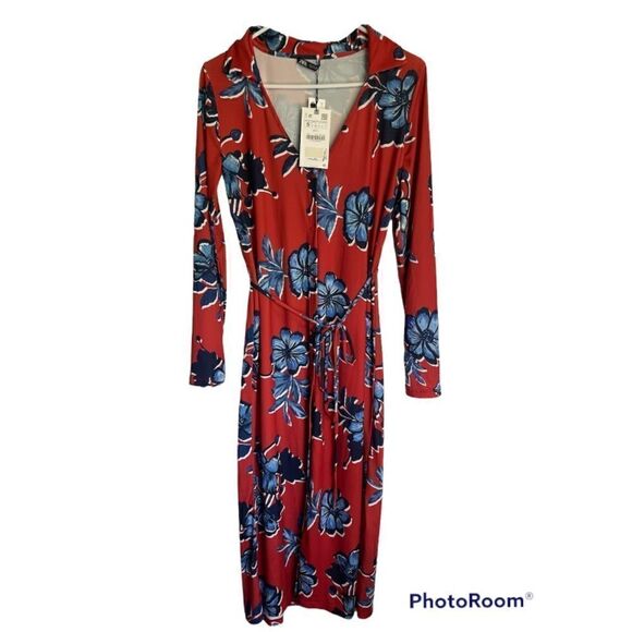 Zara Floral Buttons Down Long Sleeves Self Tie Midi Dress.Size S - Picture 7 of 16
